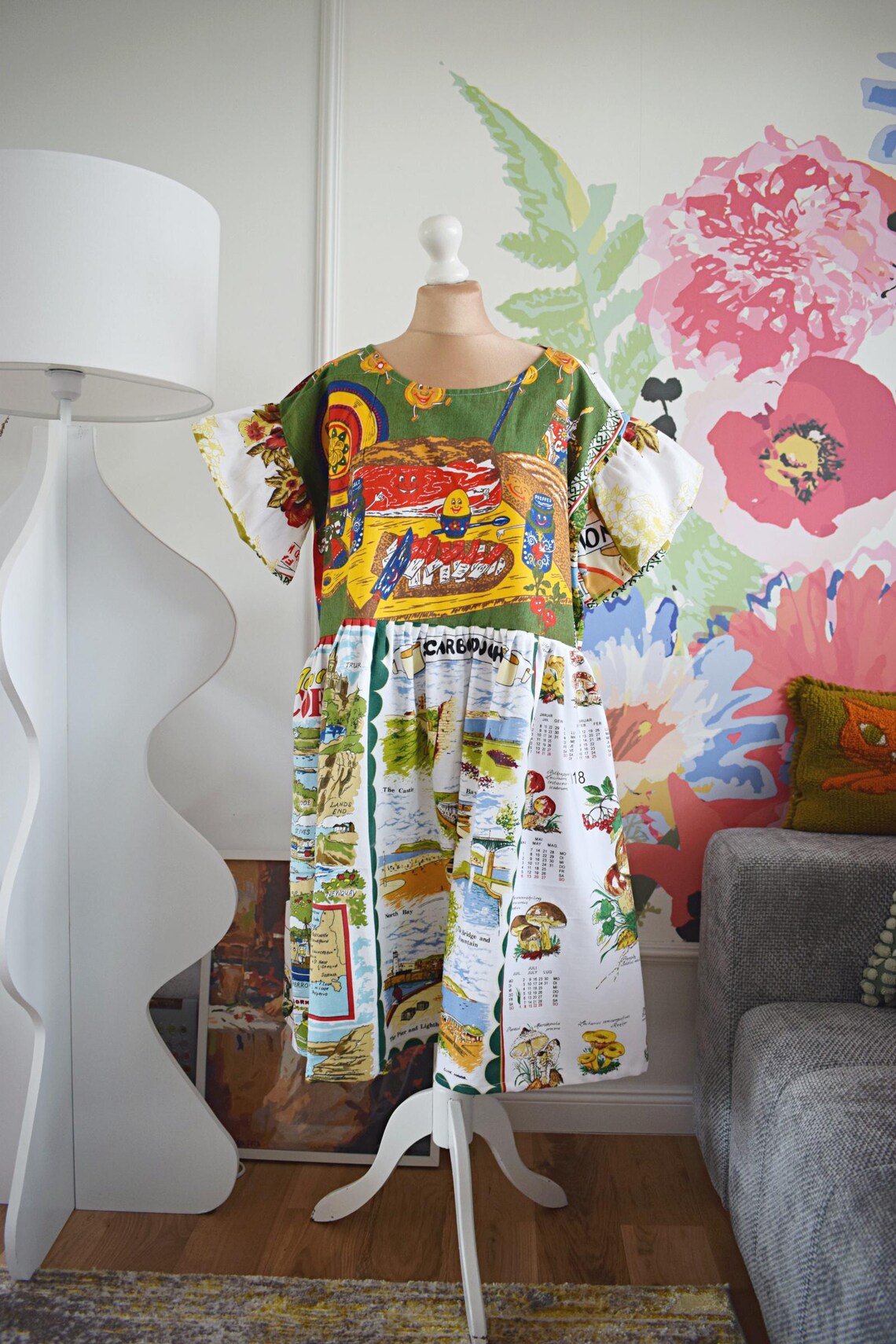 Hand‑Designed Whimsical Cartoon Landscape Patchwork Dress