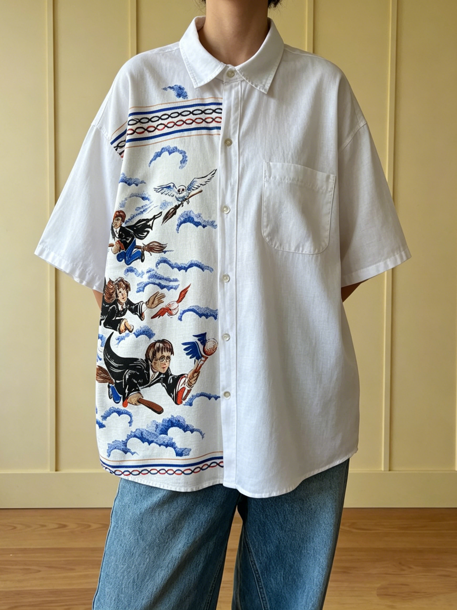 Wizard Flying Graphic Cotton Linen Short Sleeve Shirt