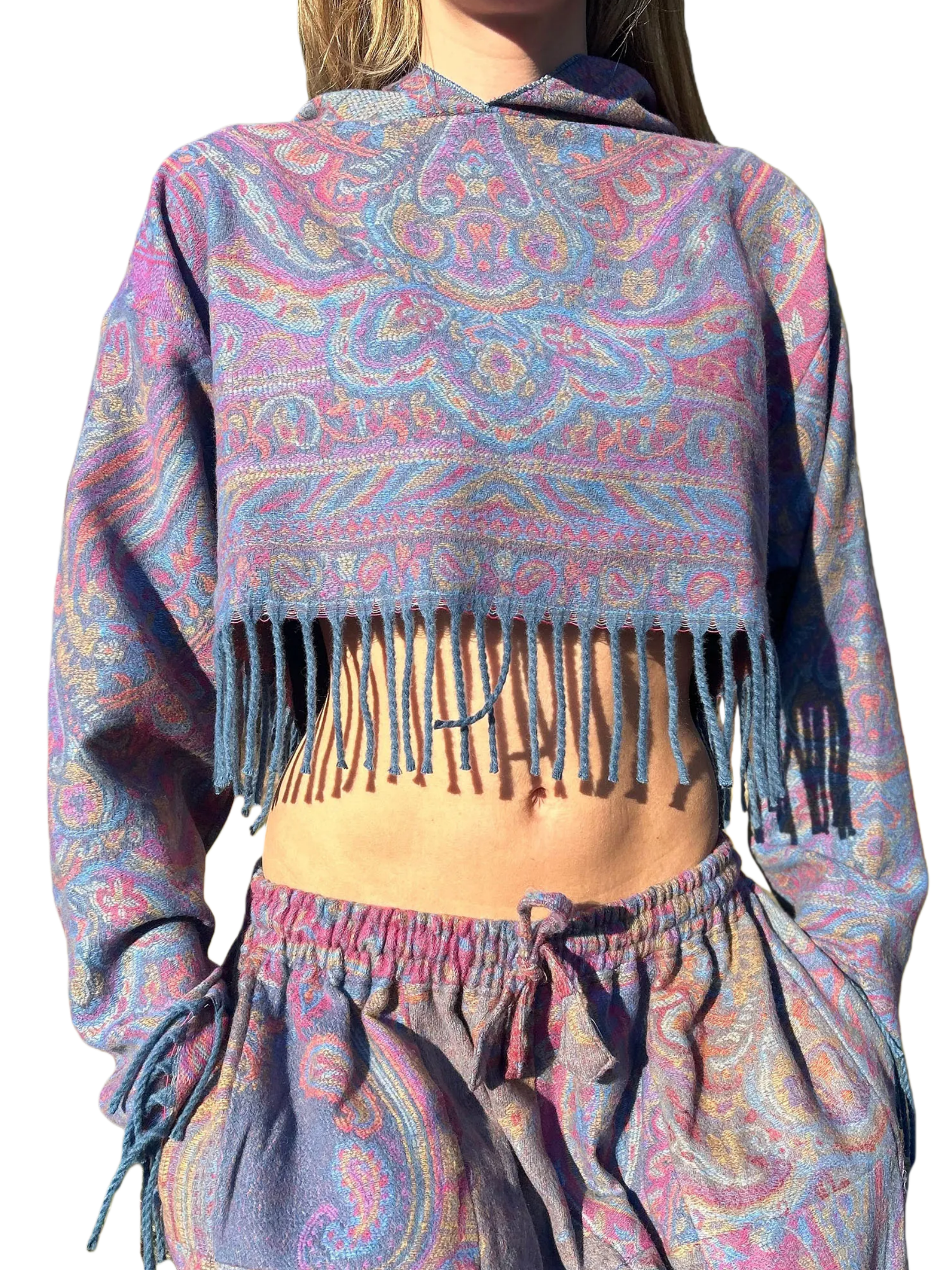Fringed Cropped Patterned Hoodie