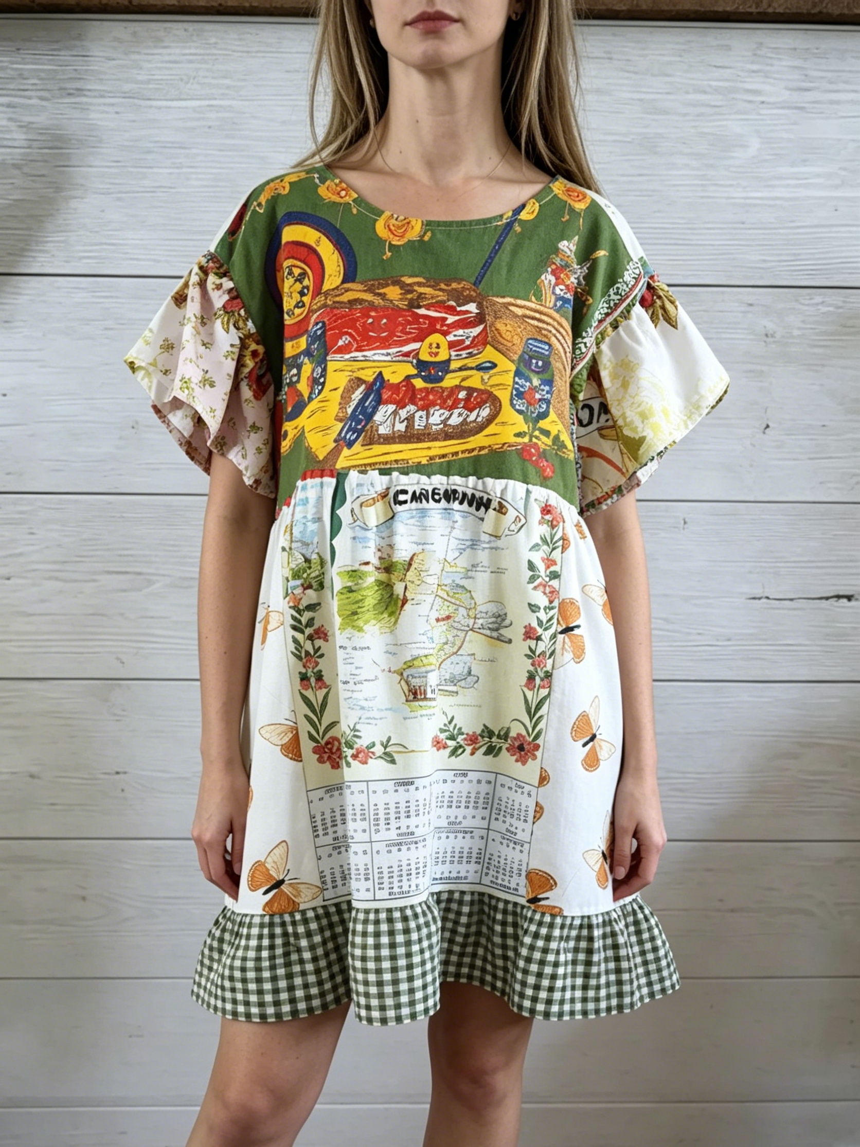 Hand‑Designed Whimsical Cartoon Landscape Patchwork Dress