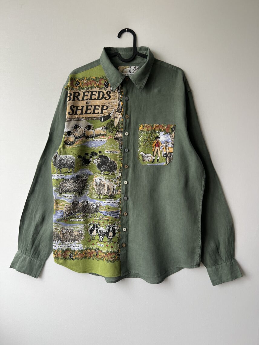 Sheep Breeds Vintage Patchwork Cotton Linen Long Sleeve Shirt