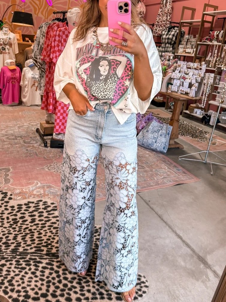 Rhinestone Spliced Jeans