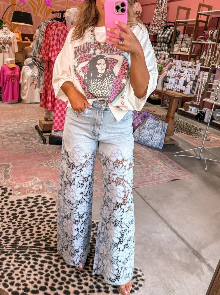 Rhinestone Spliced Jeans