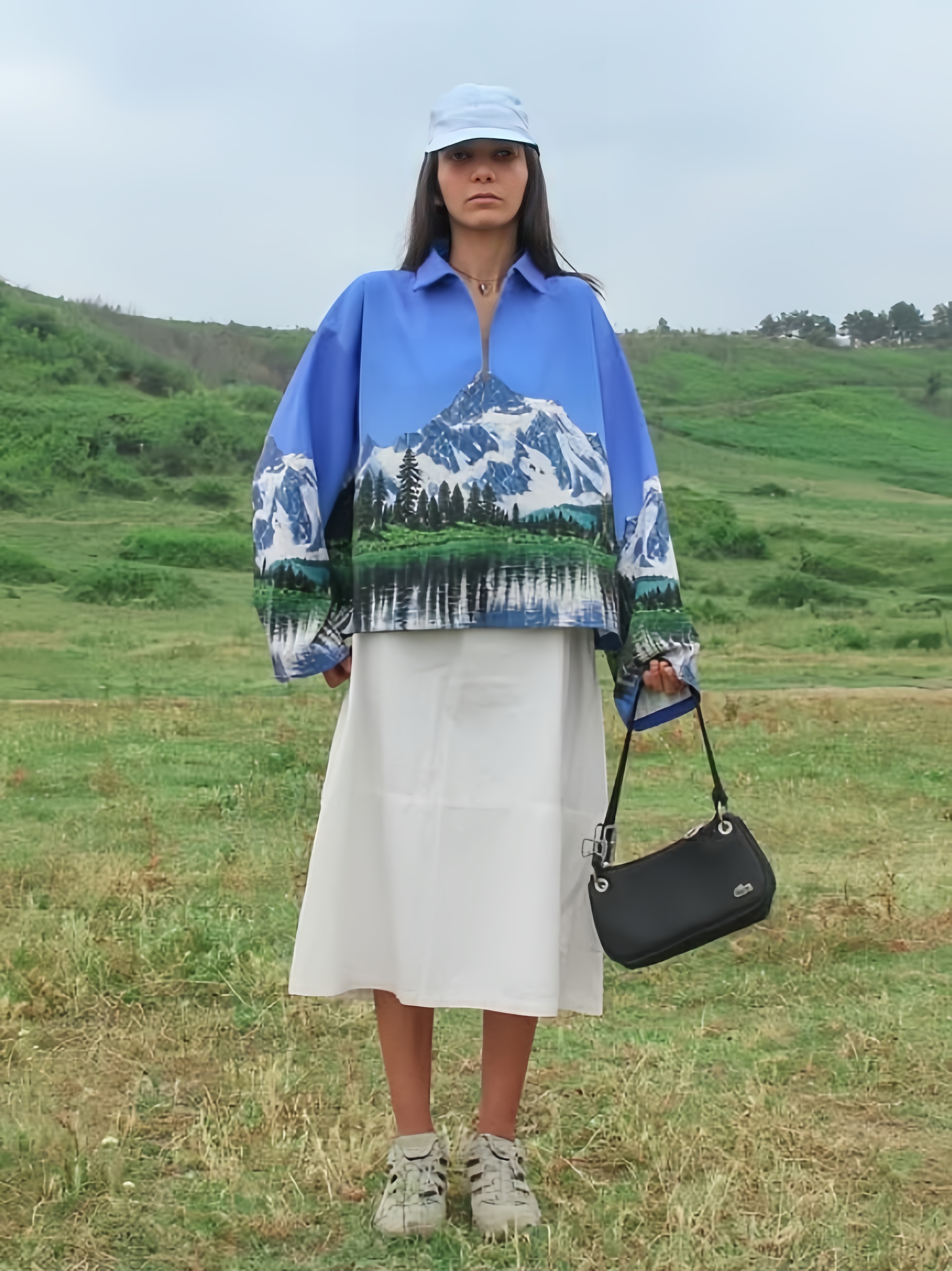 Mountain Print Half‑Zip Oversized Shirt