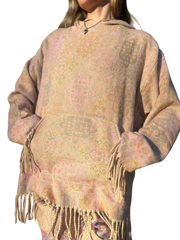 Oversized Patterned Hoodie with Fringe Trim