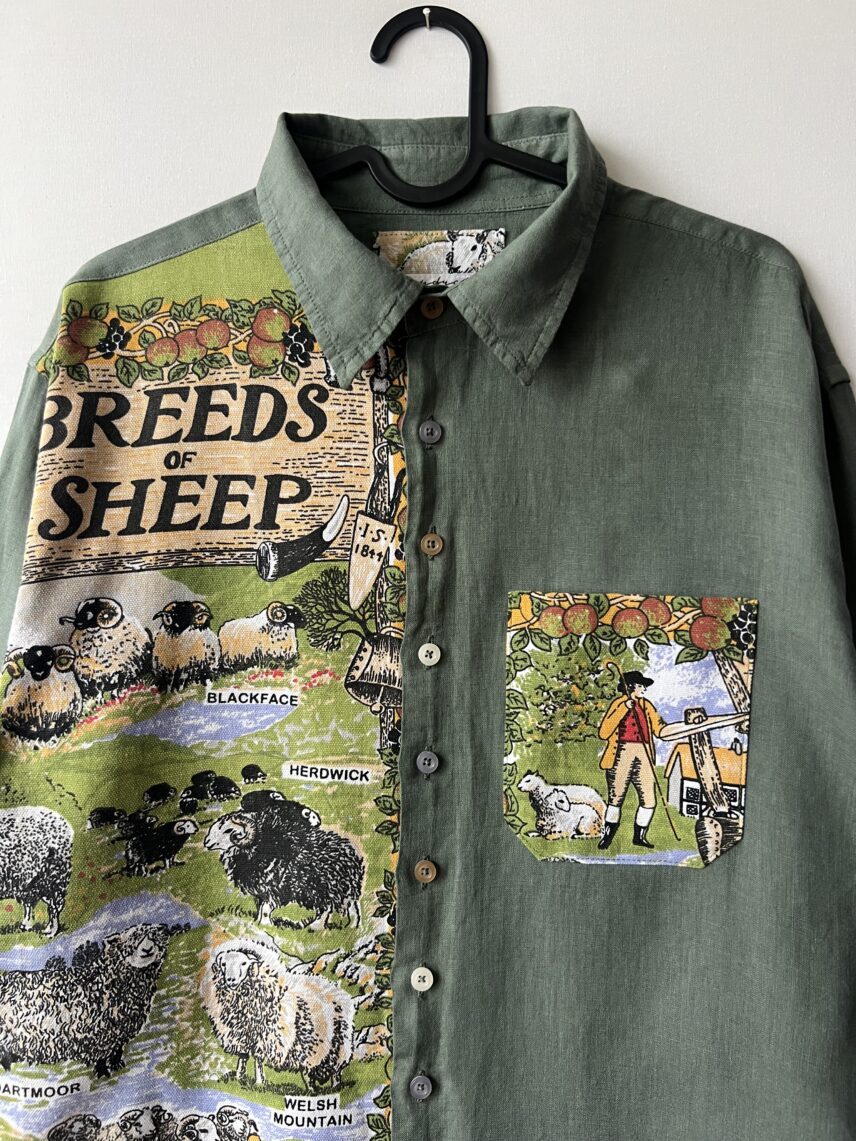 Sheep Breeds Vintage Patchwork Cotton Linen Long Sleeve Shirt
