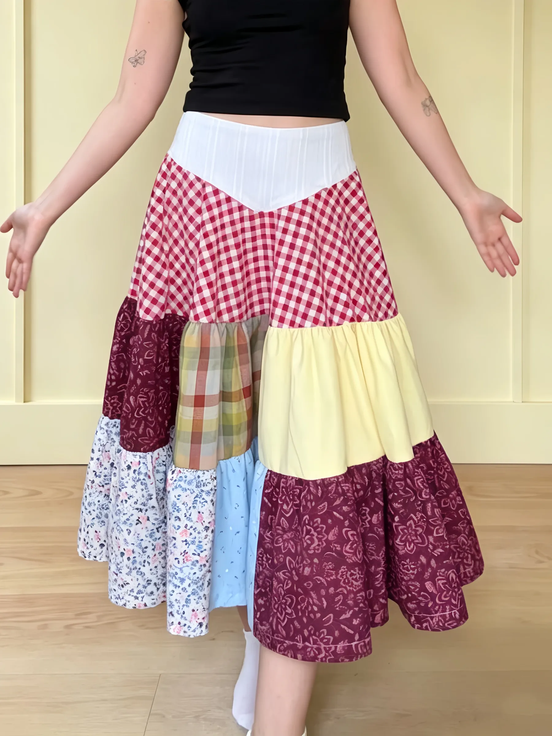 Patchwork Tiered Midi Skirt