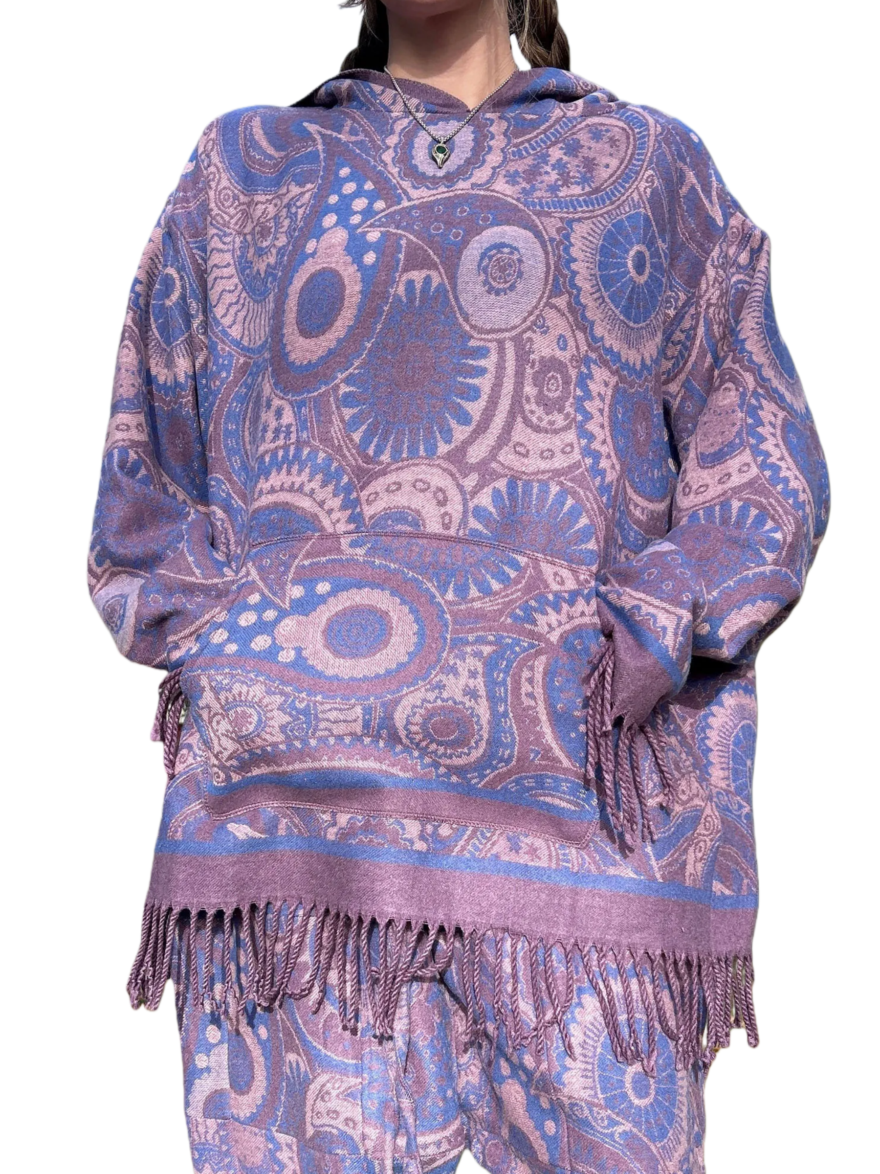 Oversized Patterned Hoodie with Fringe Trim