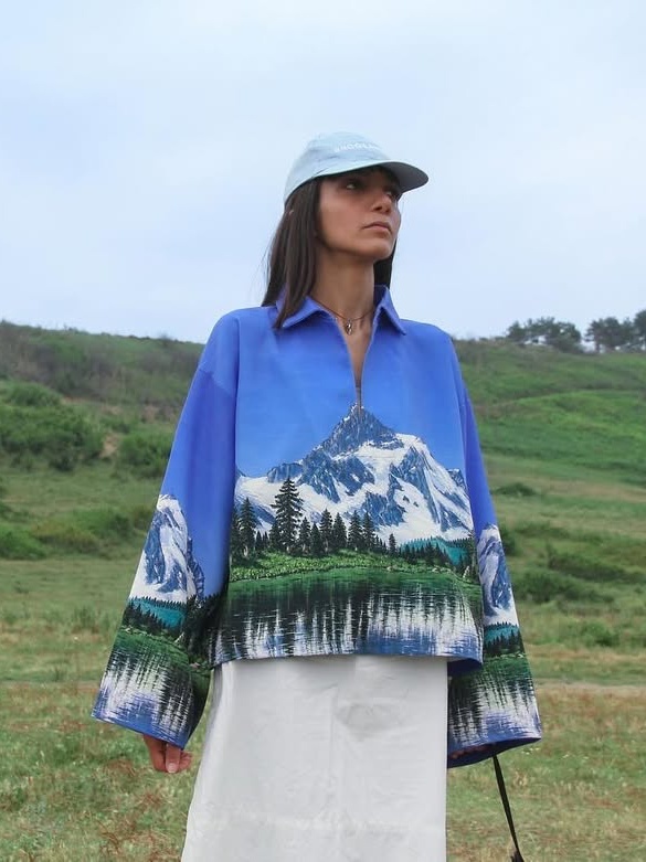 Mountain Print Half‑Zip Oversized Shirt