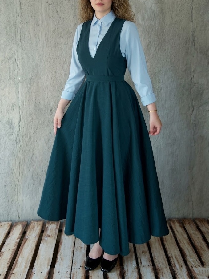 Vintage V-Neck Pinafore Dress-Blue
