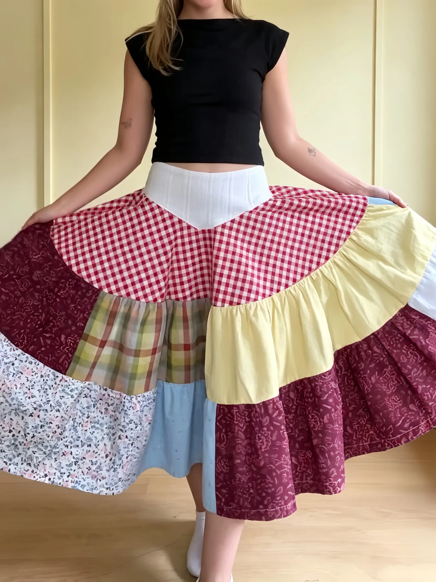 Patchwork Tiered Midi Skirt
