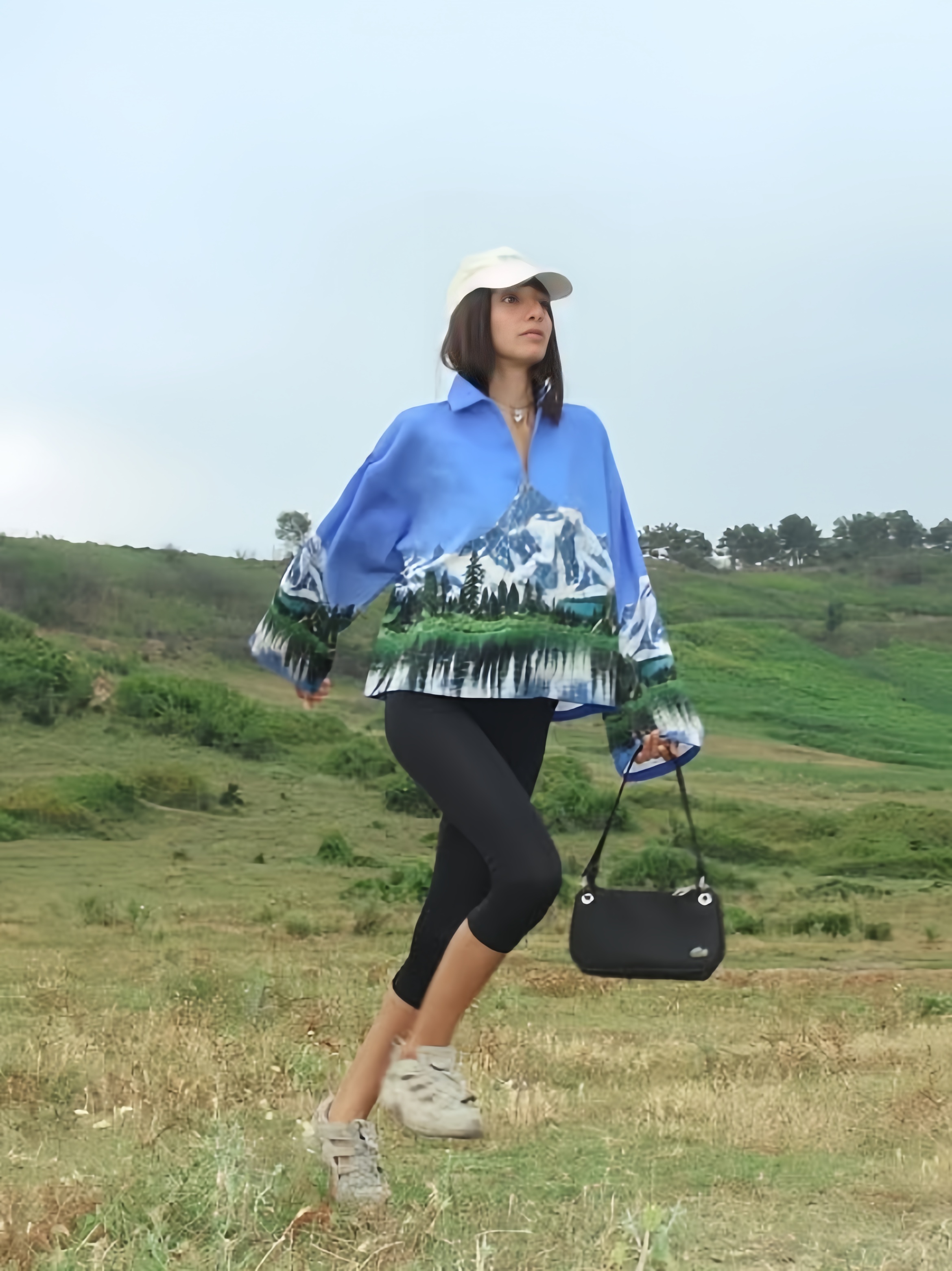 Mountain Print Half‑Zip Oversized Shirt