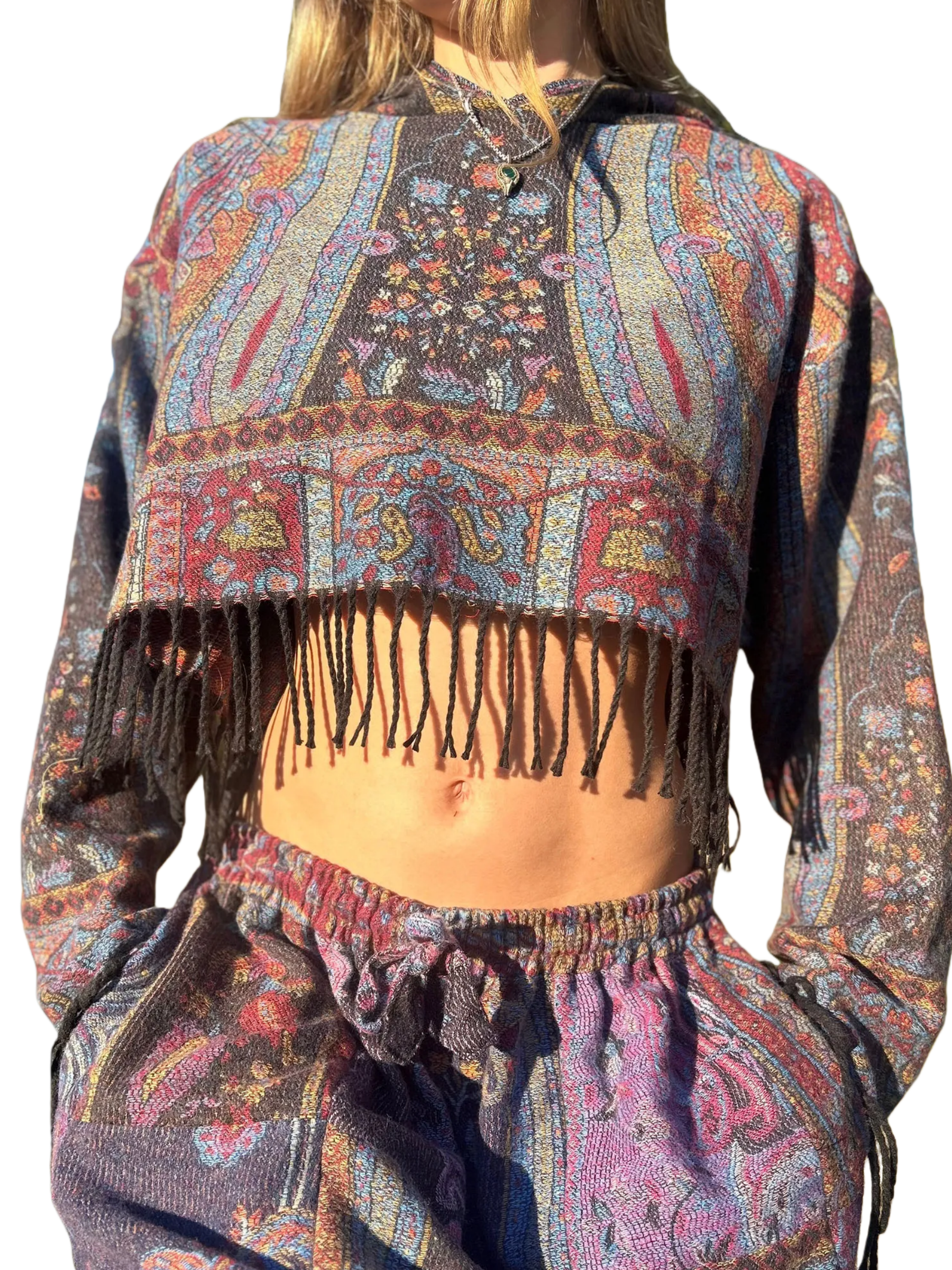 Fringed Cropped Patterned Hoodie