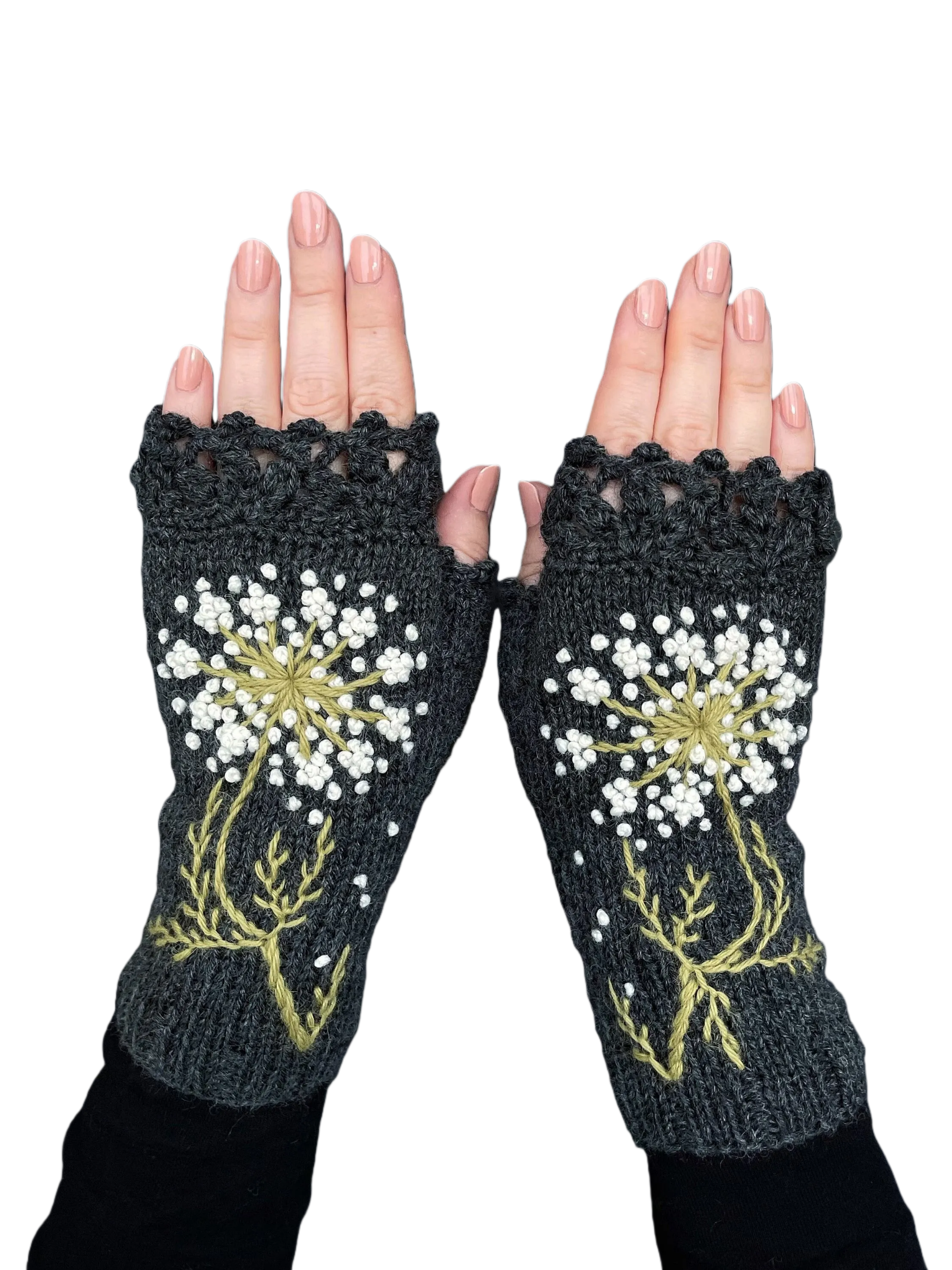 Embroidered Fingerless Gloves: Gray Knitted Mittens with Flowers