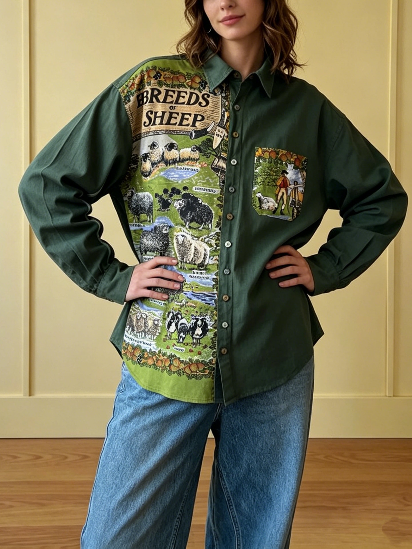 Sheep Breeds Vintage Patchwork Cotton Linen Long Sleeve Shirt