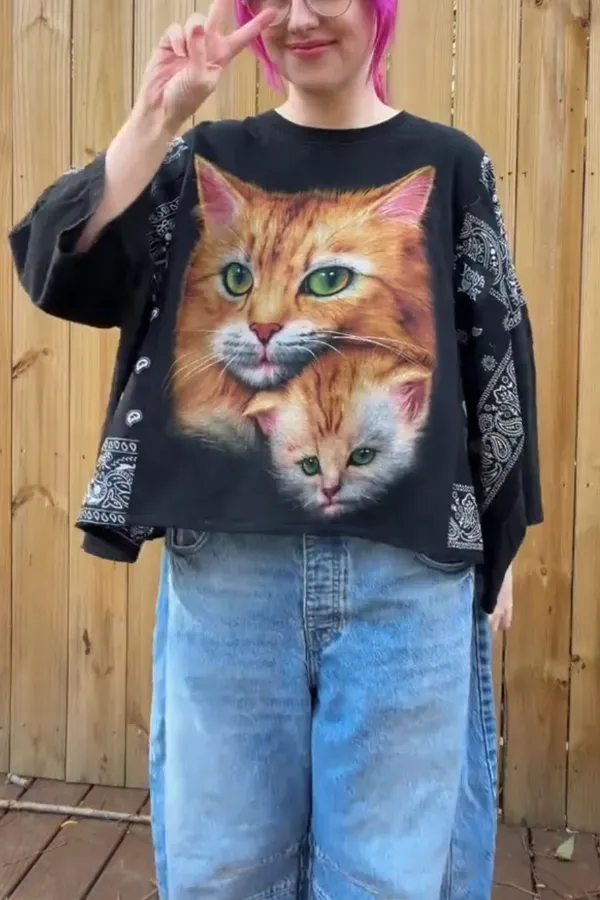 Orange Cat Print Mid-Sleeve Top