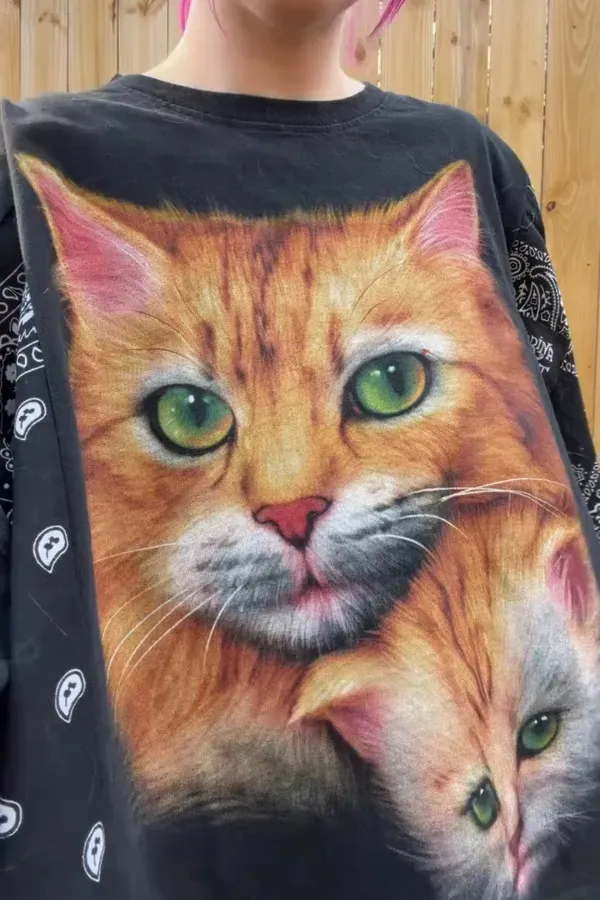 Orange Cat Print Mid-Sleeve Top