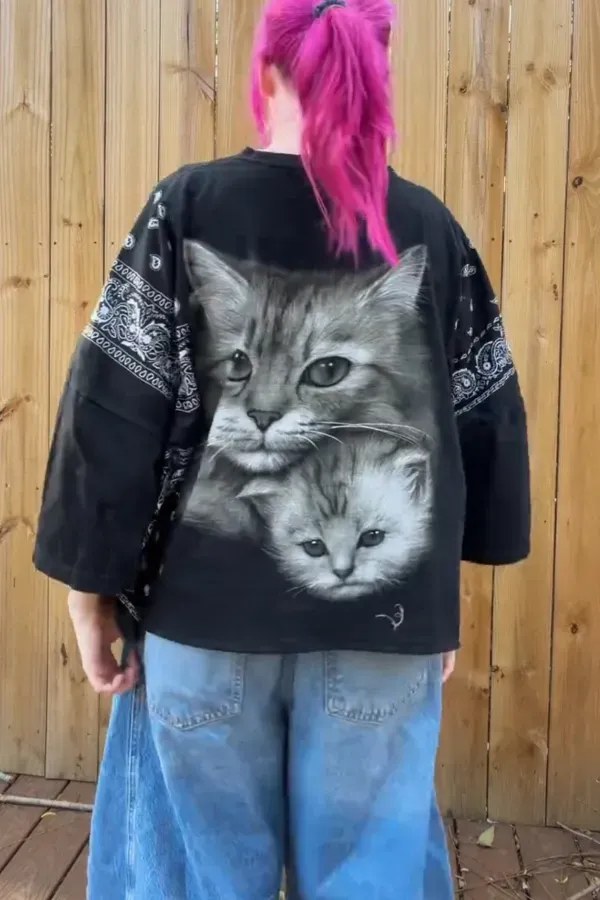Orange Cat Print Mid-Sleeve Top