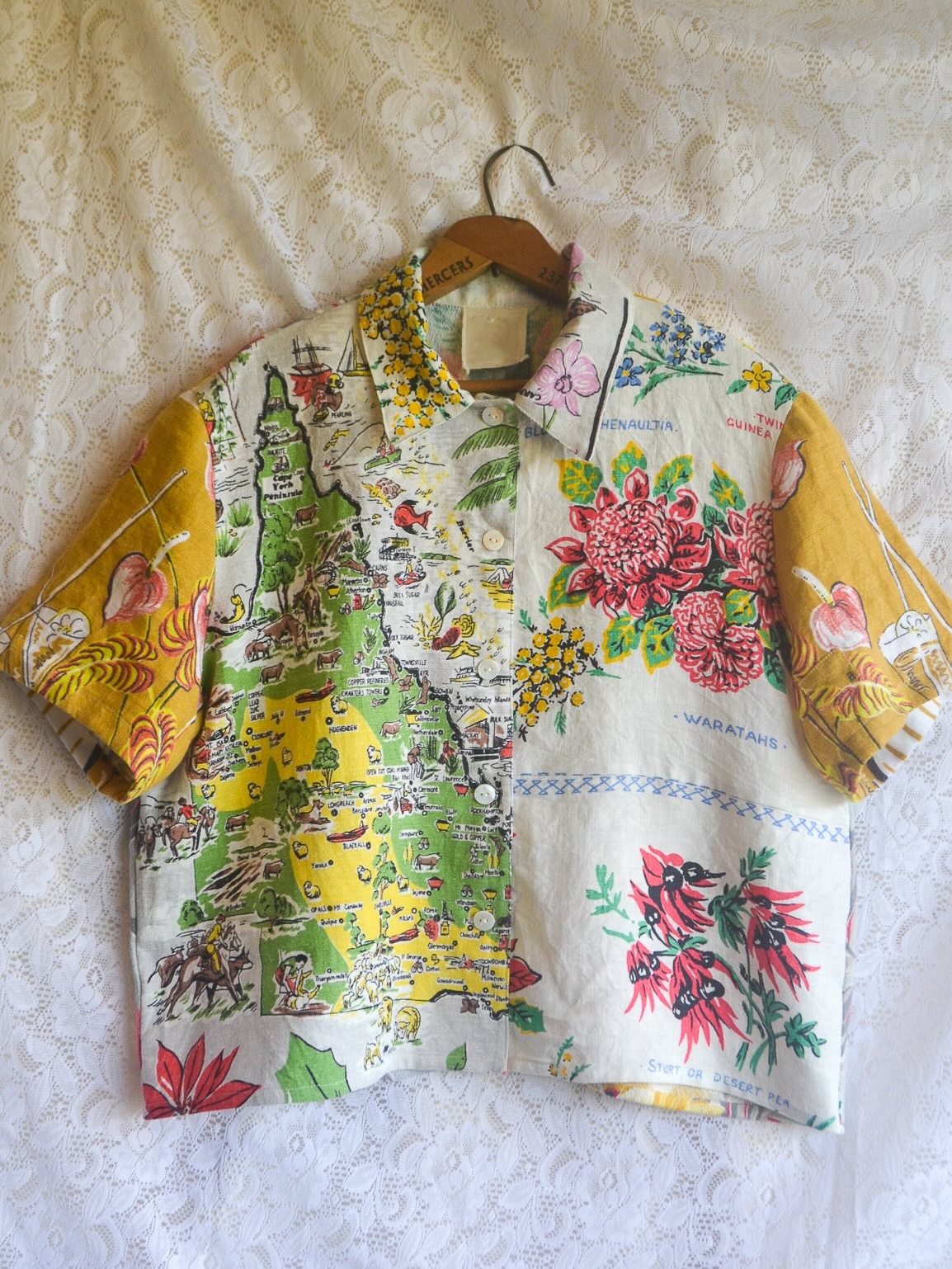 Vintage Australia Map Floral Patchwork Short Sleeve Shirt