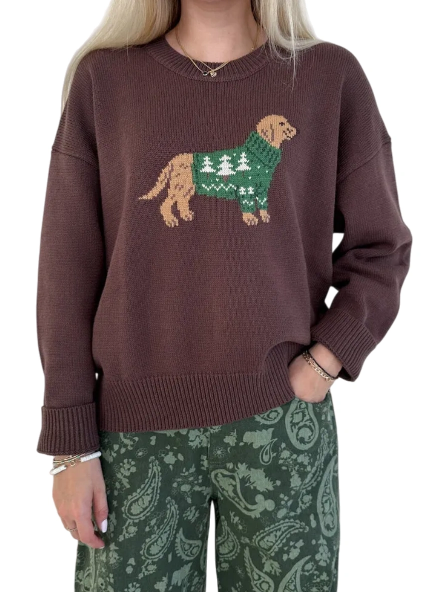 Crew Neck Dog with Sweater Graphic Sweater