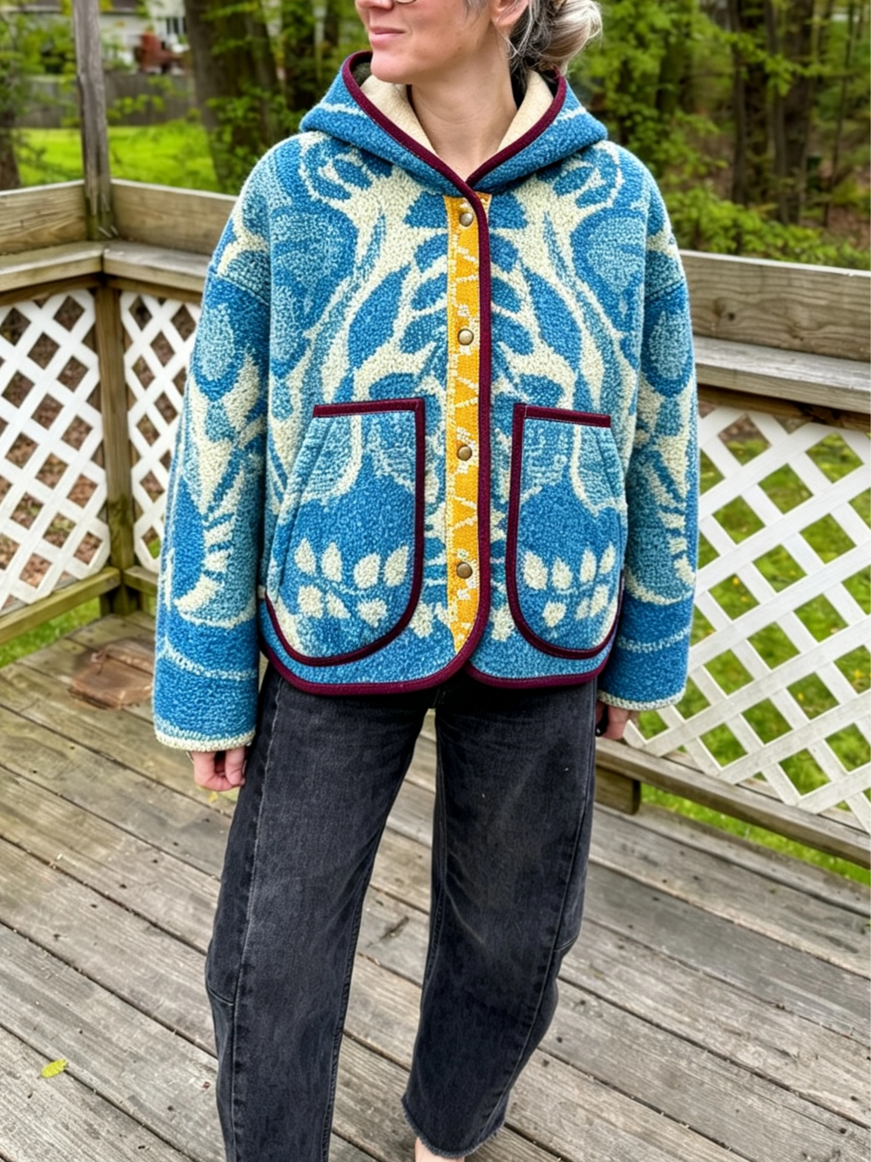 Vintage Floral Jacquard Fleece Hooded Jacket