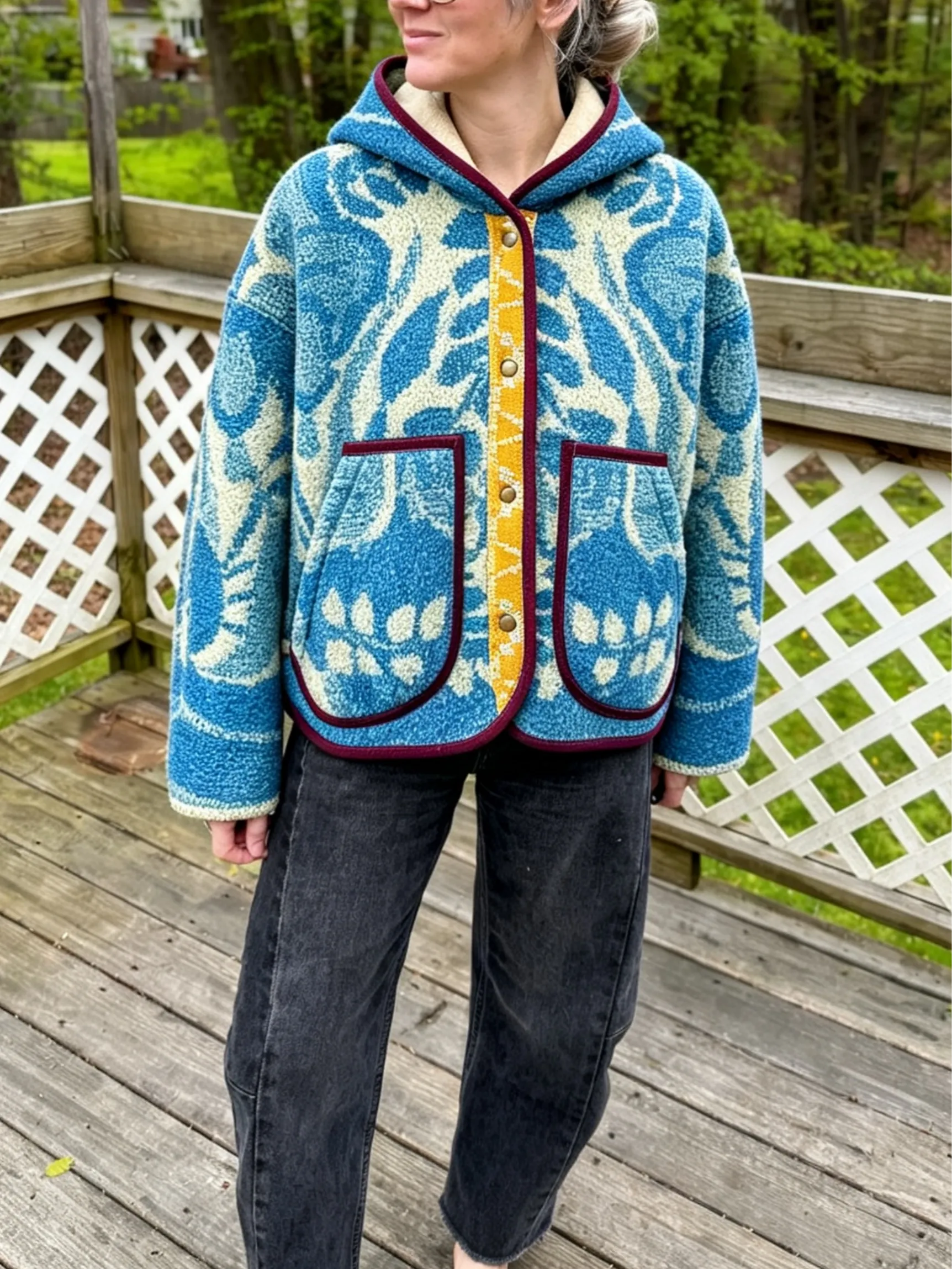 Vintage Floral Jacquard Fleece Hooded Jacket