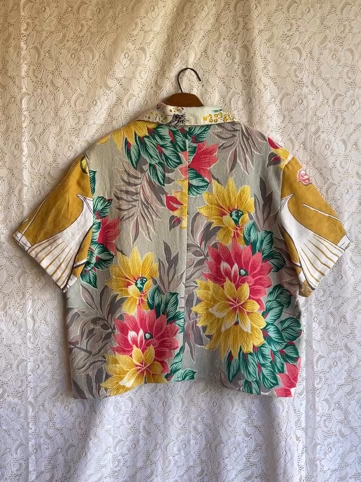 Vintage Australia Map Floral Patchwork Short Sleeve Shirt