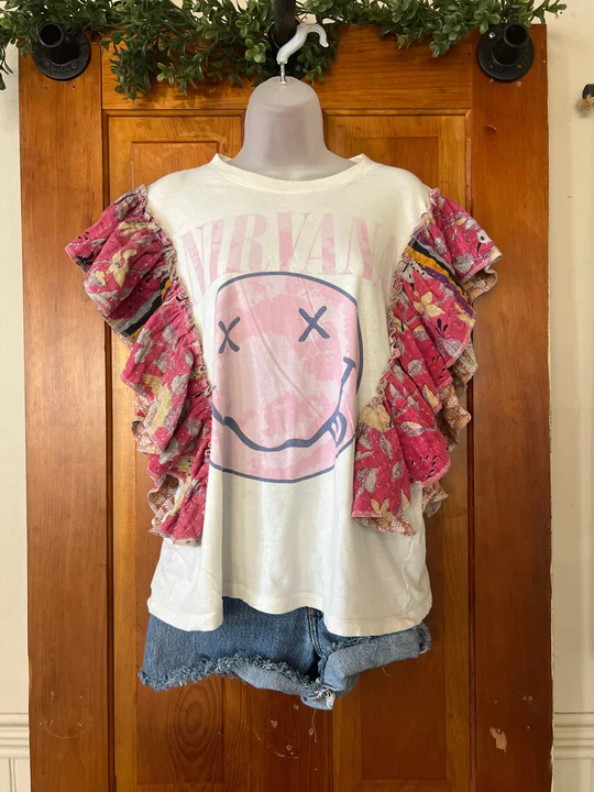 Nirvana -pink kantha ruffle sleeves tee