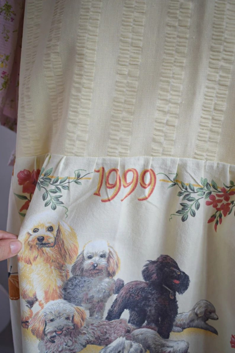 Vintage Dog Calendar Print Patchwork Midi Dress