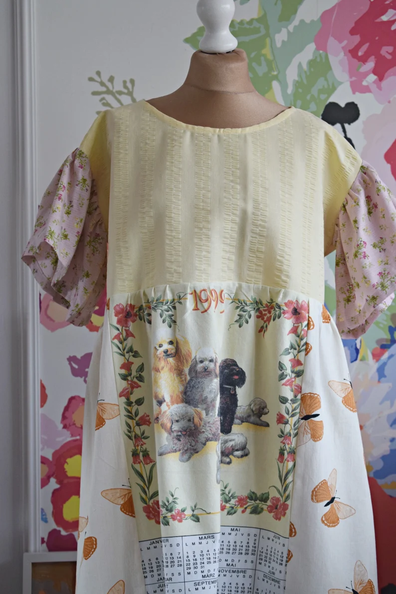Vintage Dog Calendar Print Patchwork Midi Dress
