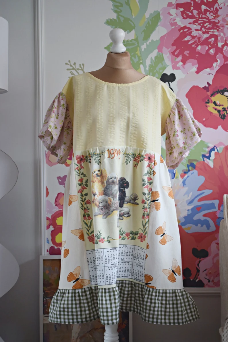 Vintage Dog Calendar Print Patchwork Midi Dress