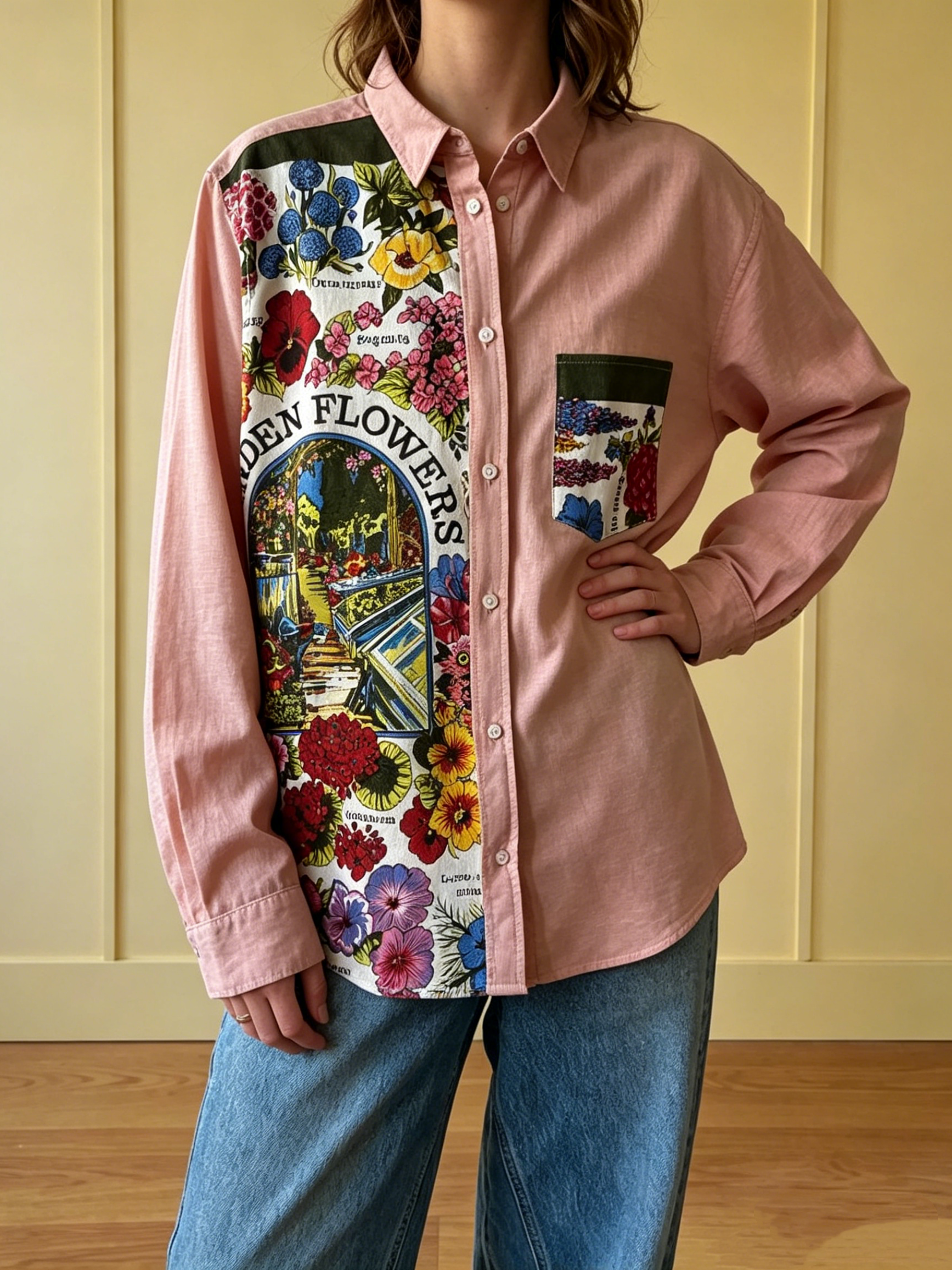 Garden Floral Patchwork Cotton Linen Long Sleeve Shirt
