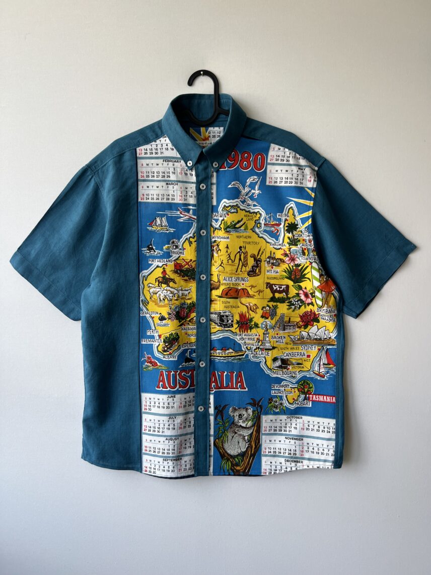 Vintage Australia Map Print Cotton Linen Short Sleeve Shirt