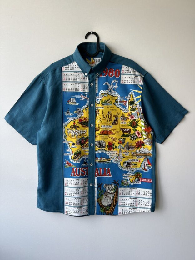 Vintage Australia Map Print Cotton Linen Short Sleeve Shirt