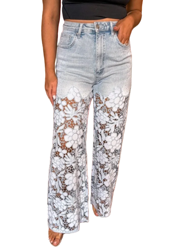 Rhinestone Spliced Jeans
