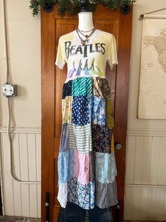 The Beatles yellow tie dye patchwork maxi dress