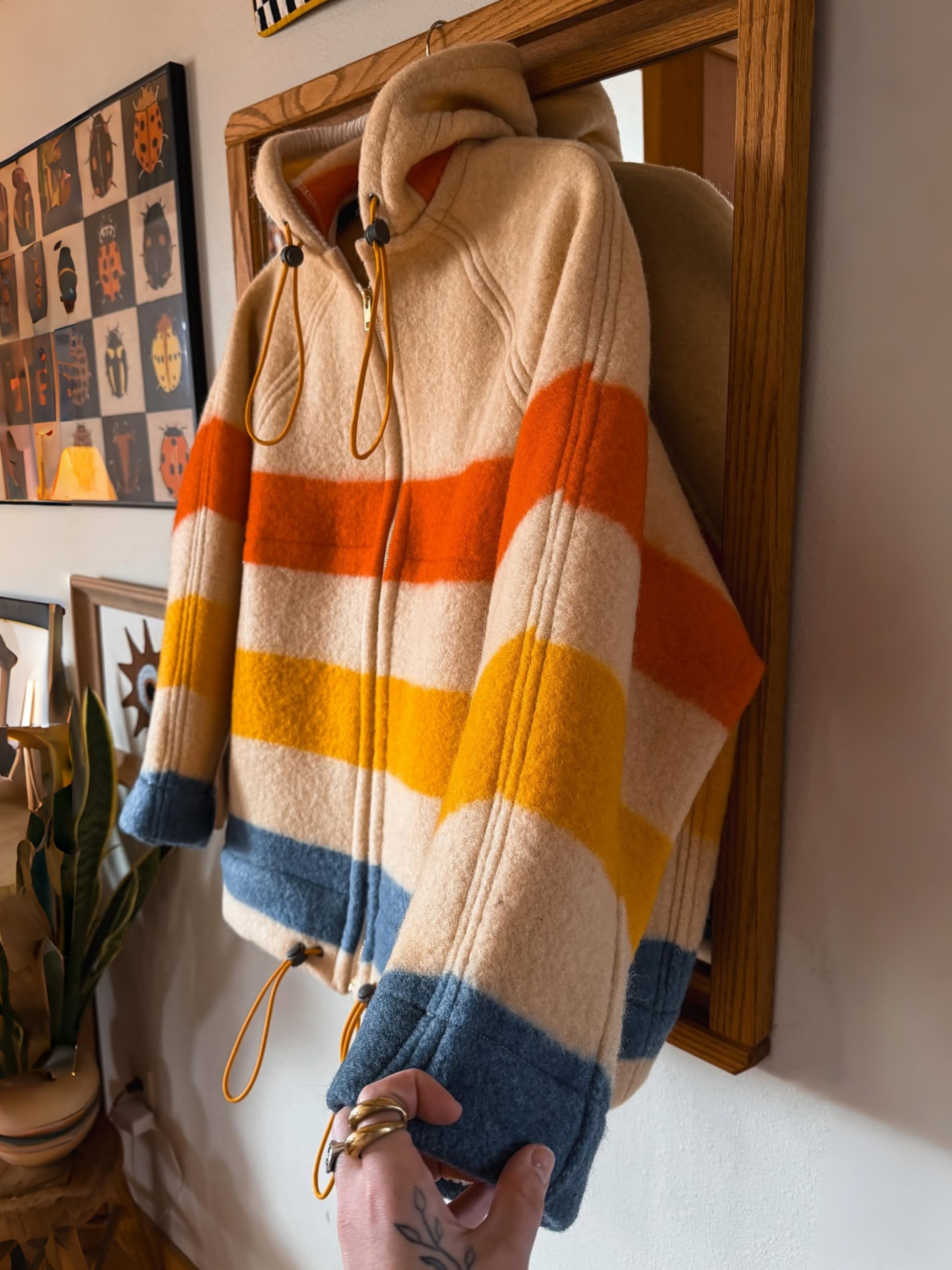 Color‑Block Stripe Wool‑Blend Hooded Drawstring Jacket