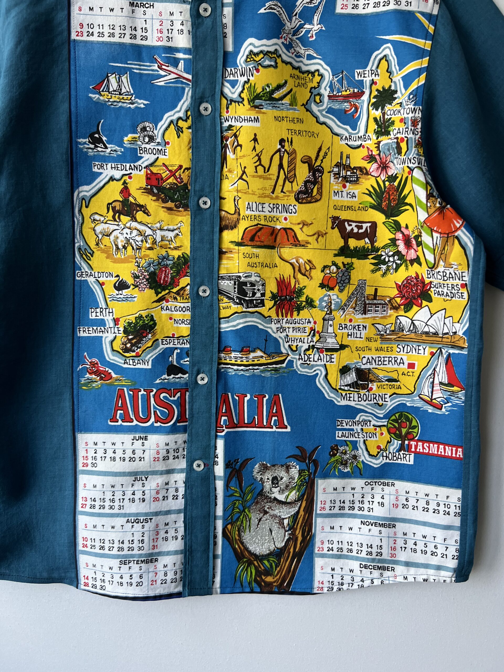 Vintage Australia Map Print Cotton Linen Short Sleeve Shirt