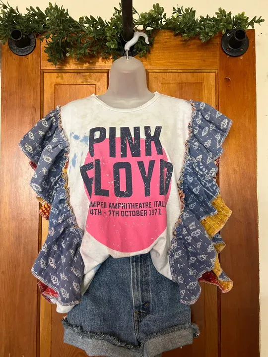 Pink Floyd bleached kantha ruffle sleeves tee