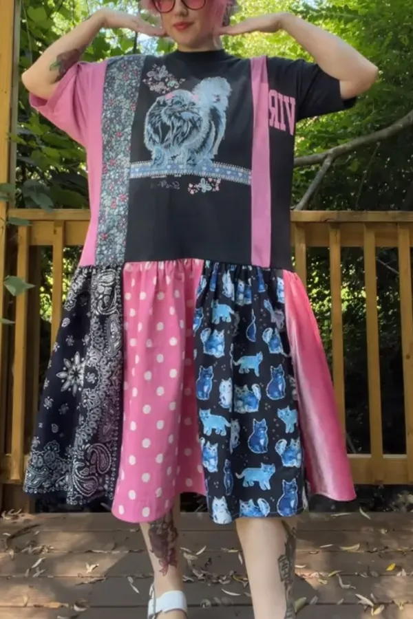 Pussycat Print Multicolor Piece Dress
