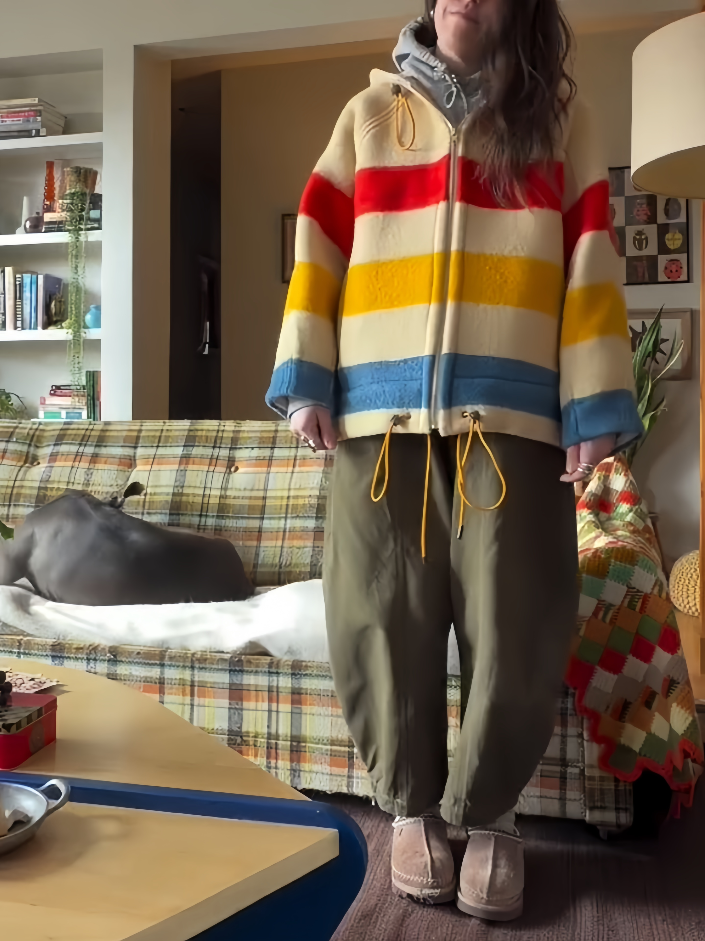 Color‑Block Stripe Wool‑Blend Hooded Drawstring Jacket