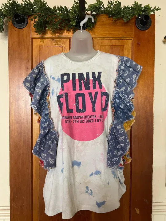 Pink Floyd bleached kantha ruffle sleeves tee