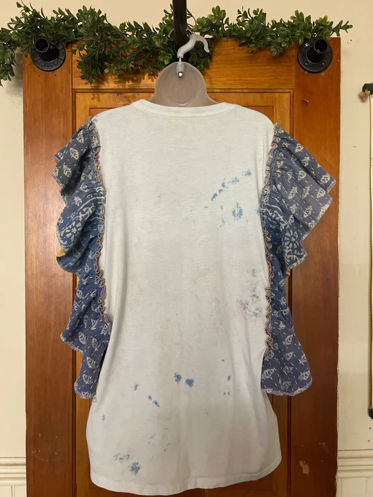 Pink Floyd bleached kantha ruffle sleeves tee