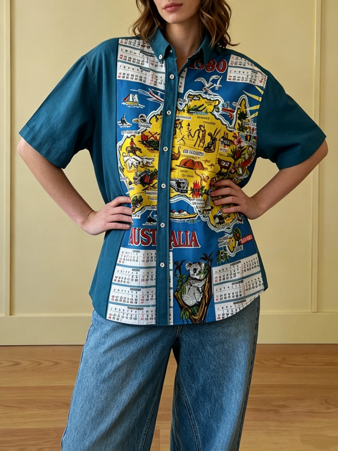 Vintage Australia Map Print Cotton Linen Short Sleeve Shirt