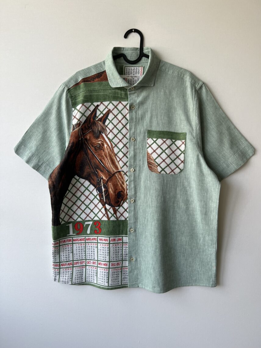 Vintage Horse 1973 Calendar Patchwork Cotton Linen Short Sleeve Shirt