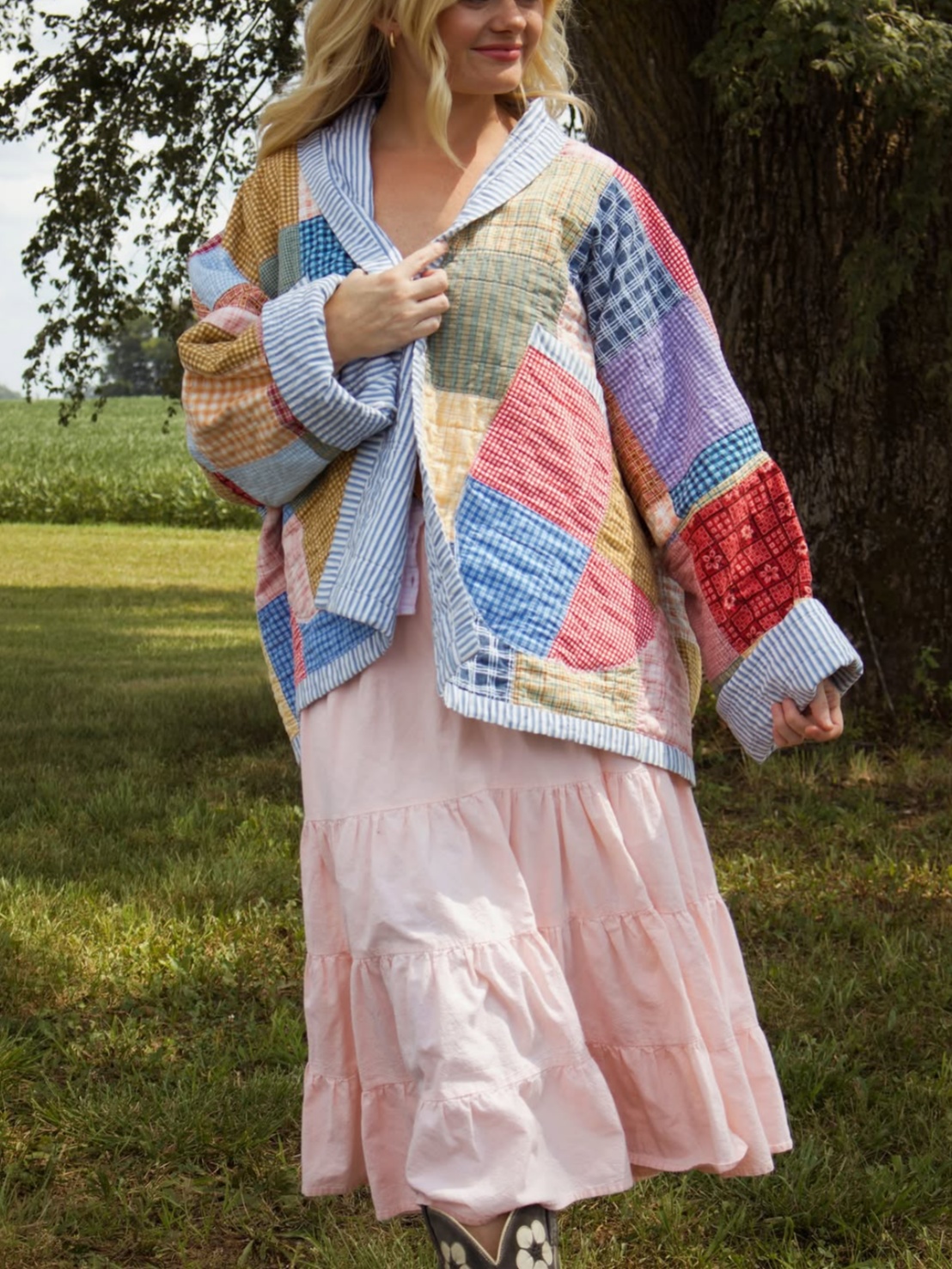 Vintage Patchwork Quilted Jacket Colorful Plaid Patch
