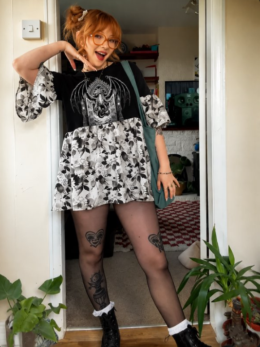 Gothic Dragon Floral Patchwork Flare Sleeve Mini Shirt Dress