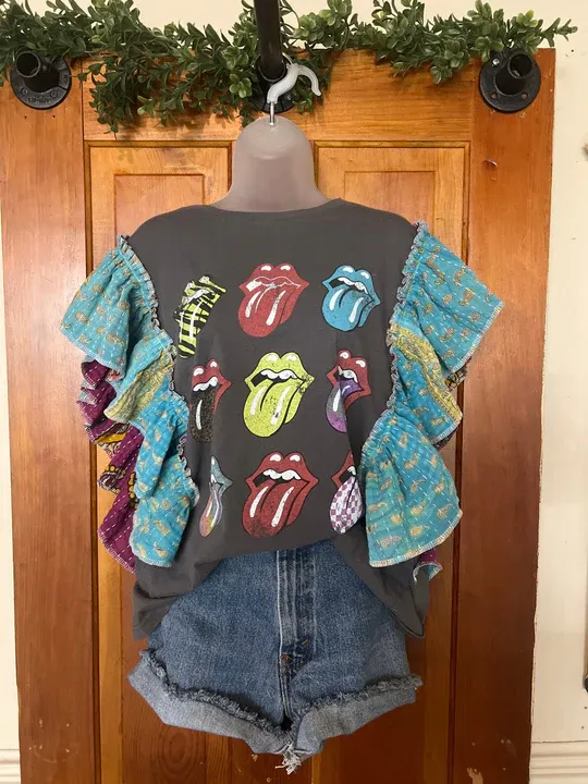 Gray Rolling Stones kantha ruffle sleeves tee