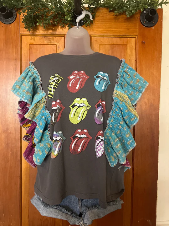 Gray Rolling Stones kantha ruffle sleeves tee