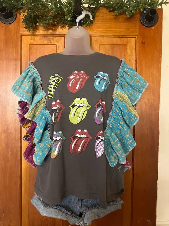Gray Rolling Stones kantha ruffle sleeves tee
